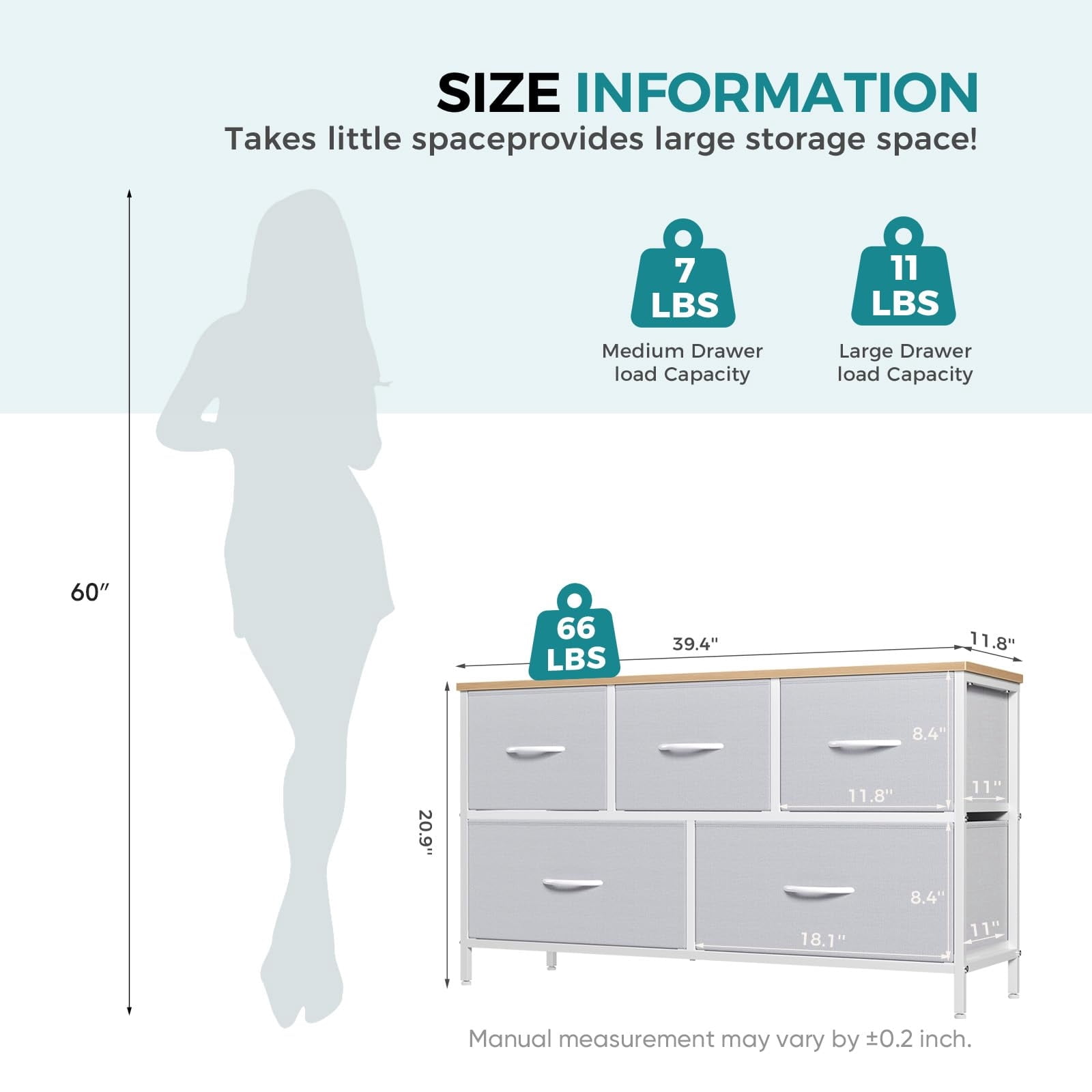 Telyra 5-Drawer Fabric Dresser TV Stand Organizer with Wood Top and Metal Frame, Light Gray