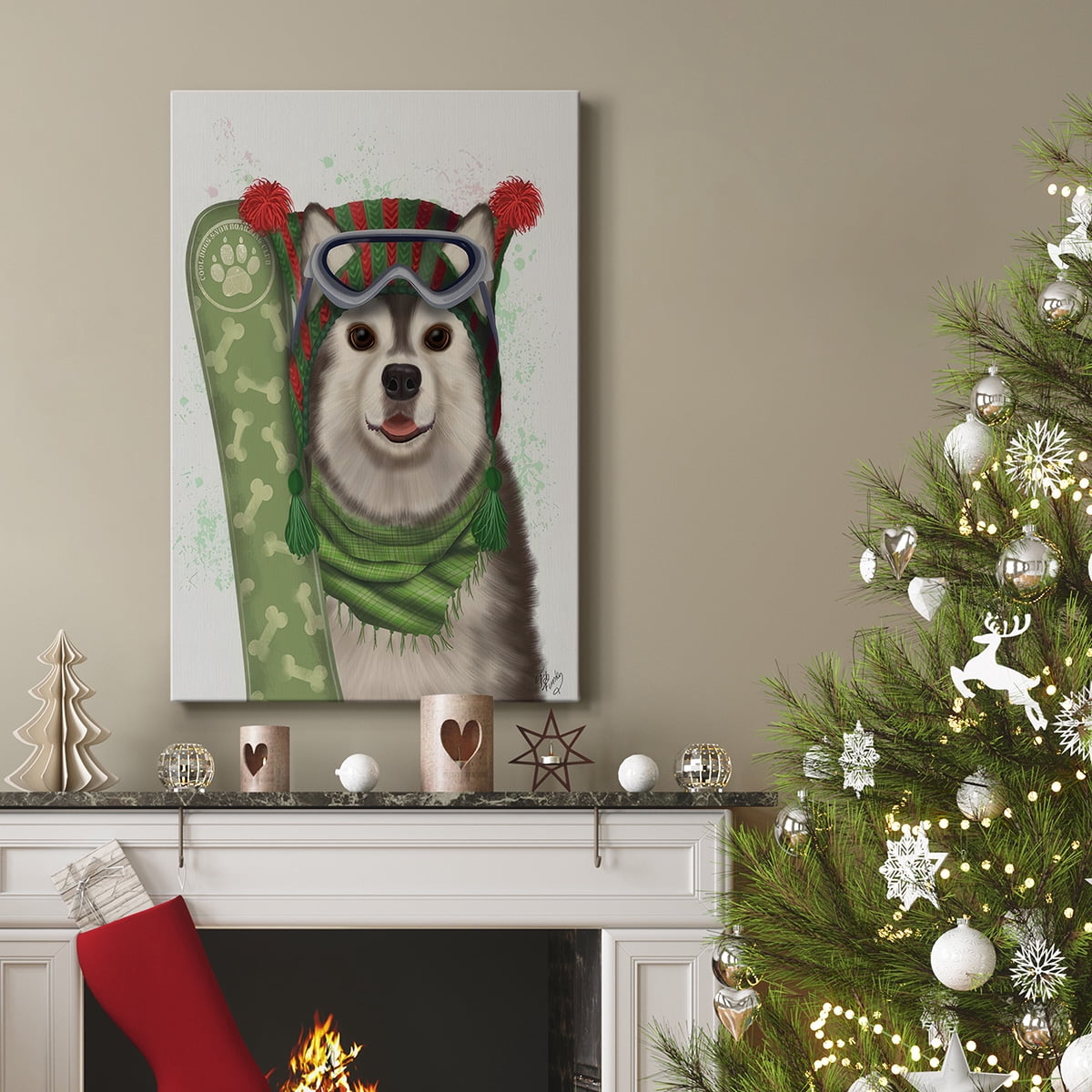Christmas Husky Snowboard- Gallery Wrapped Canvas