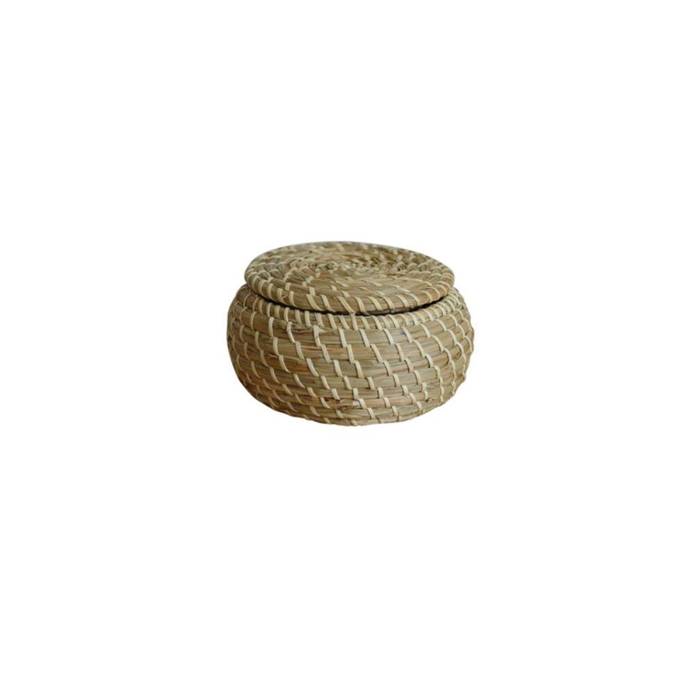 Mini Straw Hand Woven Storage Baskets with Lids Wicker Baskets Round Small Seagrass Box Desktop