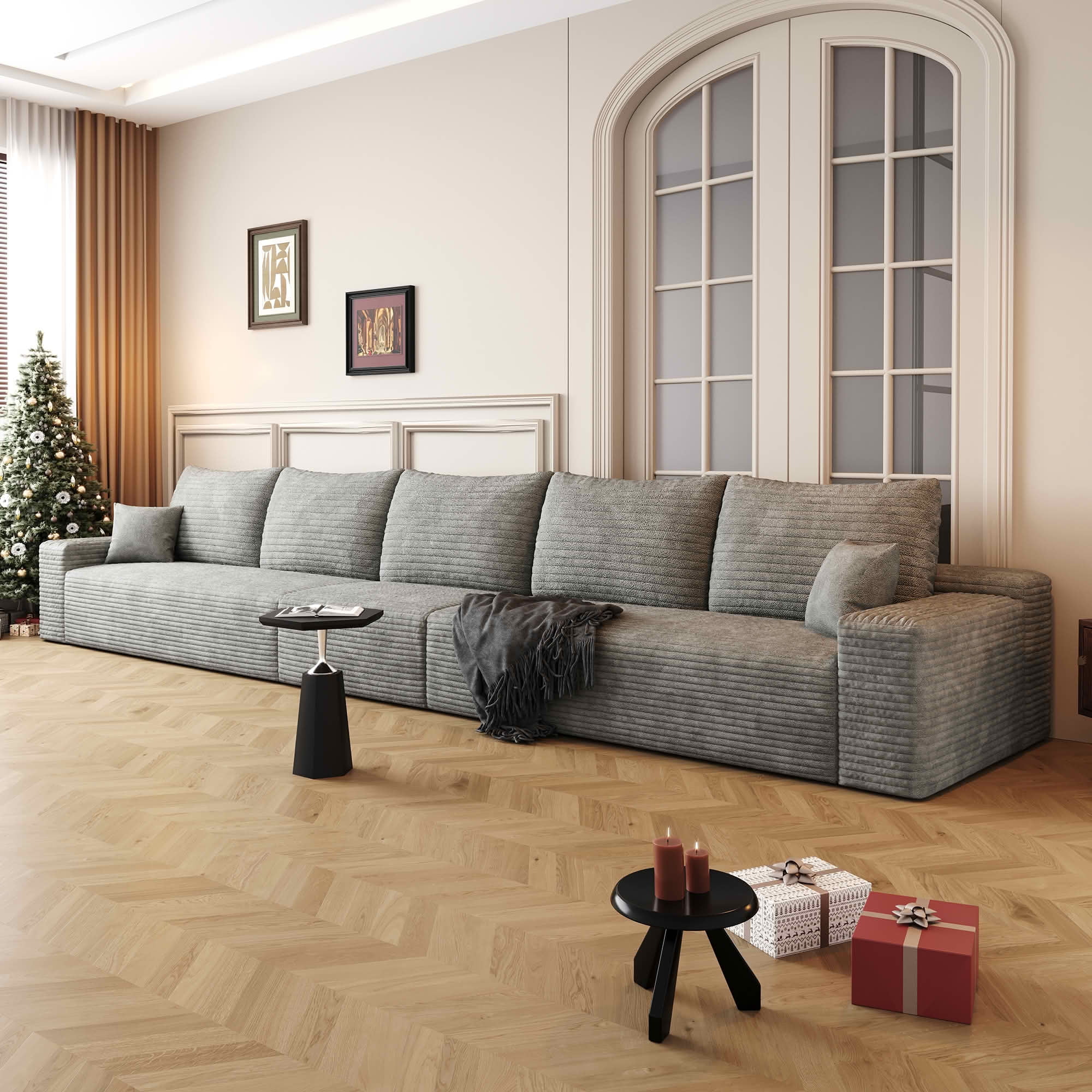 MAYEERTY 168" Cloud Sectional Couch, Deep Seat Modular Sofa, Plush Corduroy Fabric, No Assembly Required, Gray