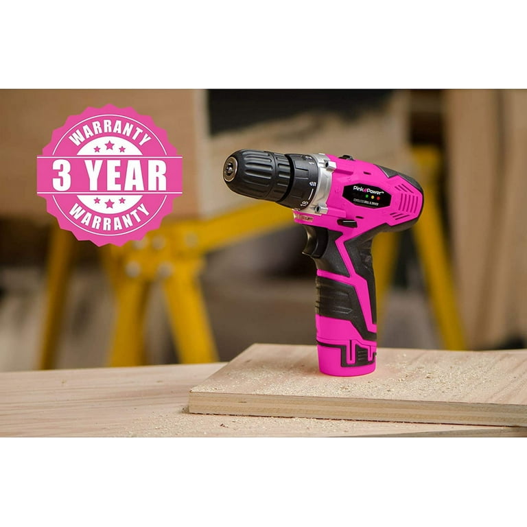 Pink Power PP121LI 12V Cordless Lithium-Ion Drill Driver with Tool Case, Drill Bit Set, Battery & Charger Pink Power PP121LI 12V Cordless Lithium-Ion Drill Driver with Tool Case, Drill Bit Set, Battery & Charger