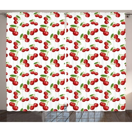 Kitchen Curtains 2 Panels Set Cherry Pattern Design Fresh Berry Kitchen Curtains 2 Panels Set Cherry Pattern Design Fresh Berry Fruit Summer Garden Macro Digital Print