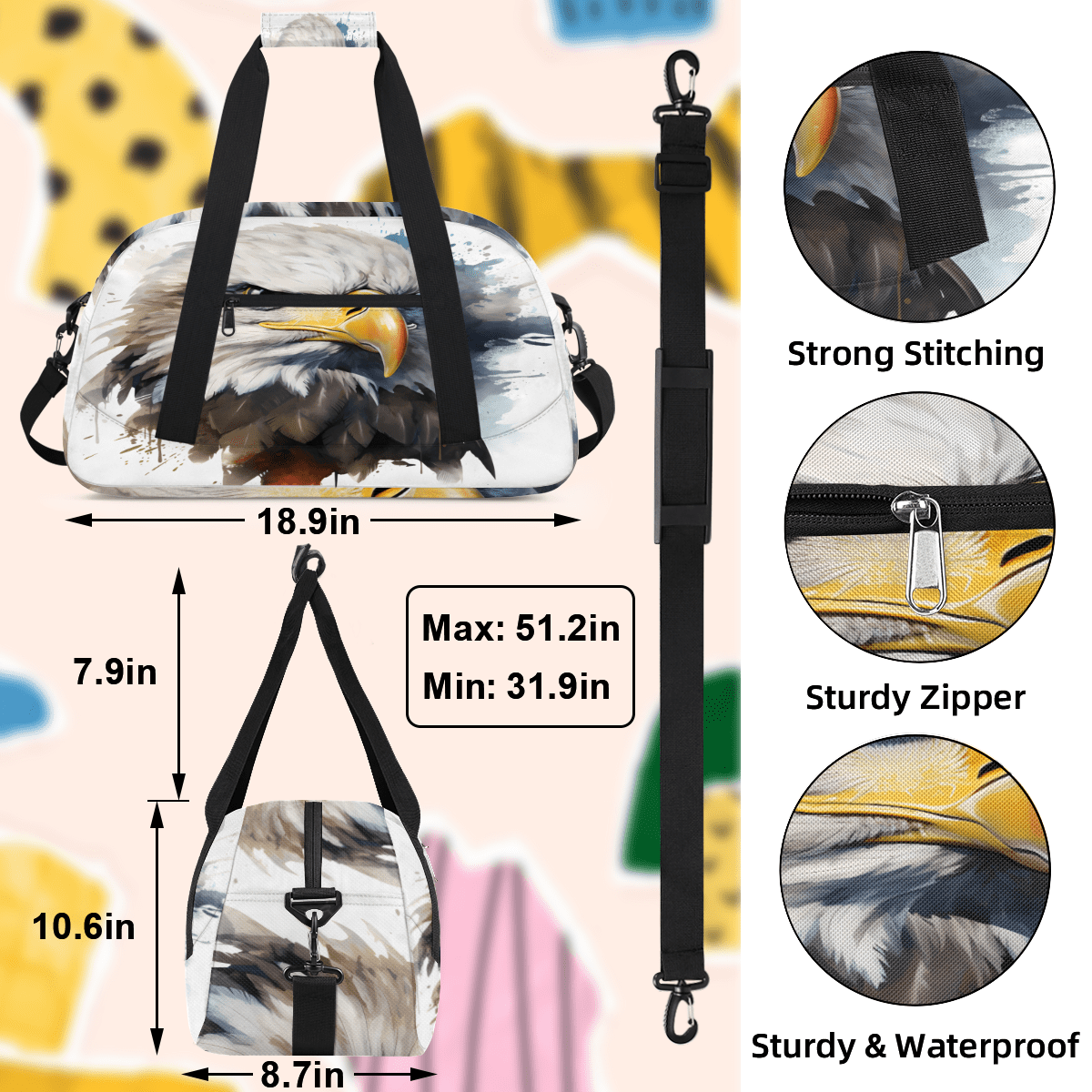 Herdesigns America Eagles Sports Duffle Bag for Women & Men, 4th of July Birds Gym Bag Dance Bag Overnight Bag Carry On Weekender Travel Bag