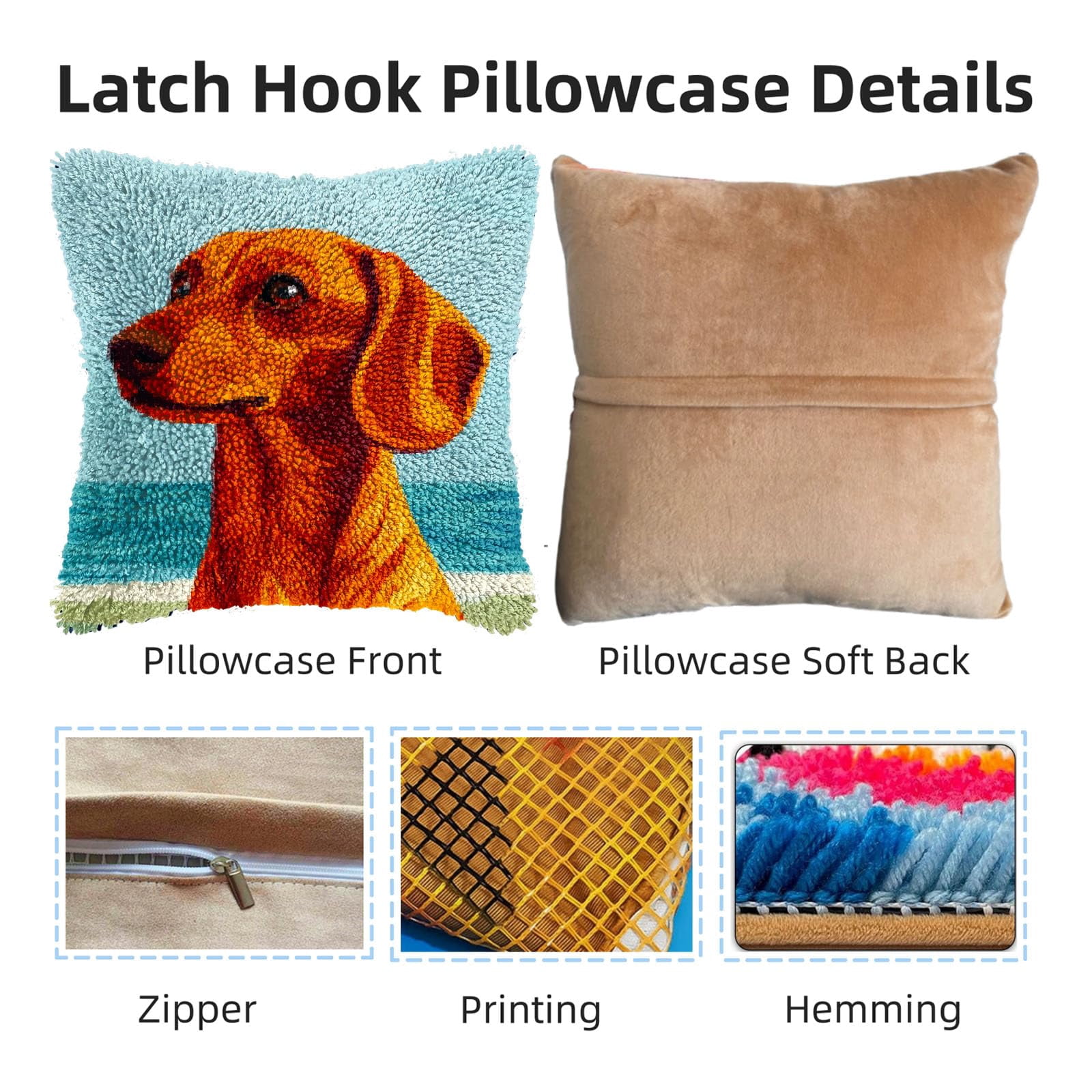 DIY Latch Hook Pillow Kits for Adults Cartoon Brown Dachshund Dog Printed Pillowcase Crochet Yarns Hooking Handmade Pillow Cover Cushion for Home Sofa Decor 17x17inch(2)