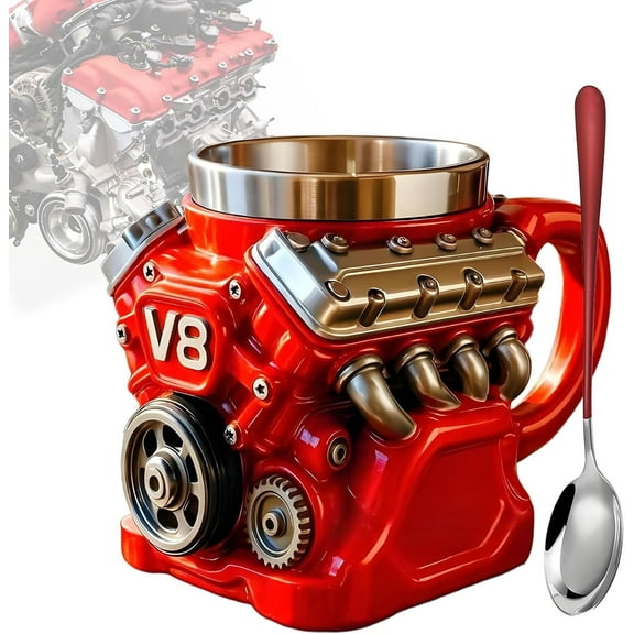 V8 Engine Coffee Mug, 3D Mechanical Coffee Cup, Vacuum Insulated Stainless Steel Resin Mug for Car Enthusiasts, Retro Car Lovers, Scratch-Resistant, Perfect for Garage/Road Trips