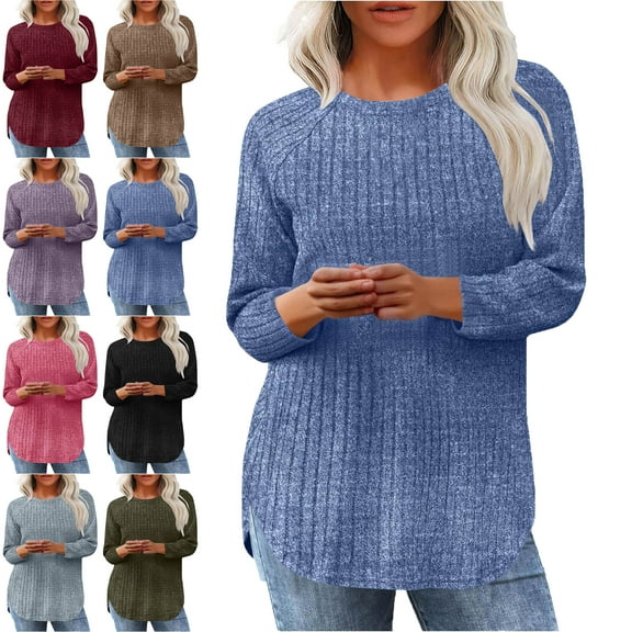 Womens Knitted Sweater 3/4 Sleeve Round Neck Casual Solid Color Hem Slit Blouses Women's 2025 Fall Winter Long Sleeve Chunky Cable Knit Sweater Open Front Cardigan Loose Sweaters Outerwear Shirts