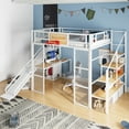 thumbnail image 3 of Euroco Full Size Loft Bed with Desk and Storage Staircase, Metal Bed with Basketball Hoop and Clothes Hanger for Kids Teens, White, 3 of 12