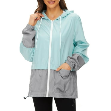 Ponceau Rain Coats for Women Waterproof with Hood Packable Rain Jackets Womens Lightweight Rain Jackets Outdoor Light Blue & Grey L