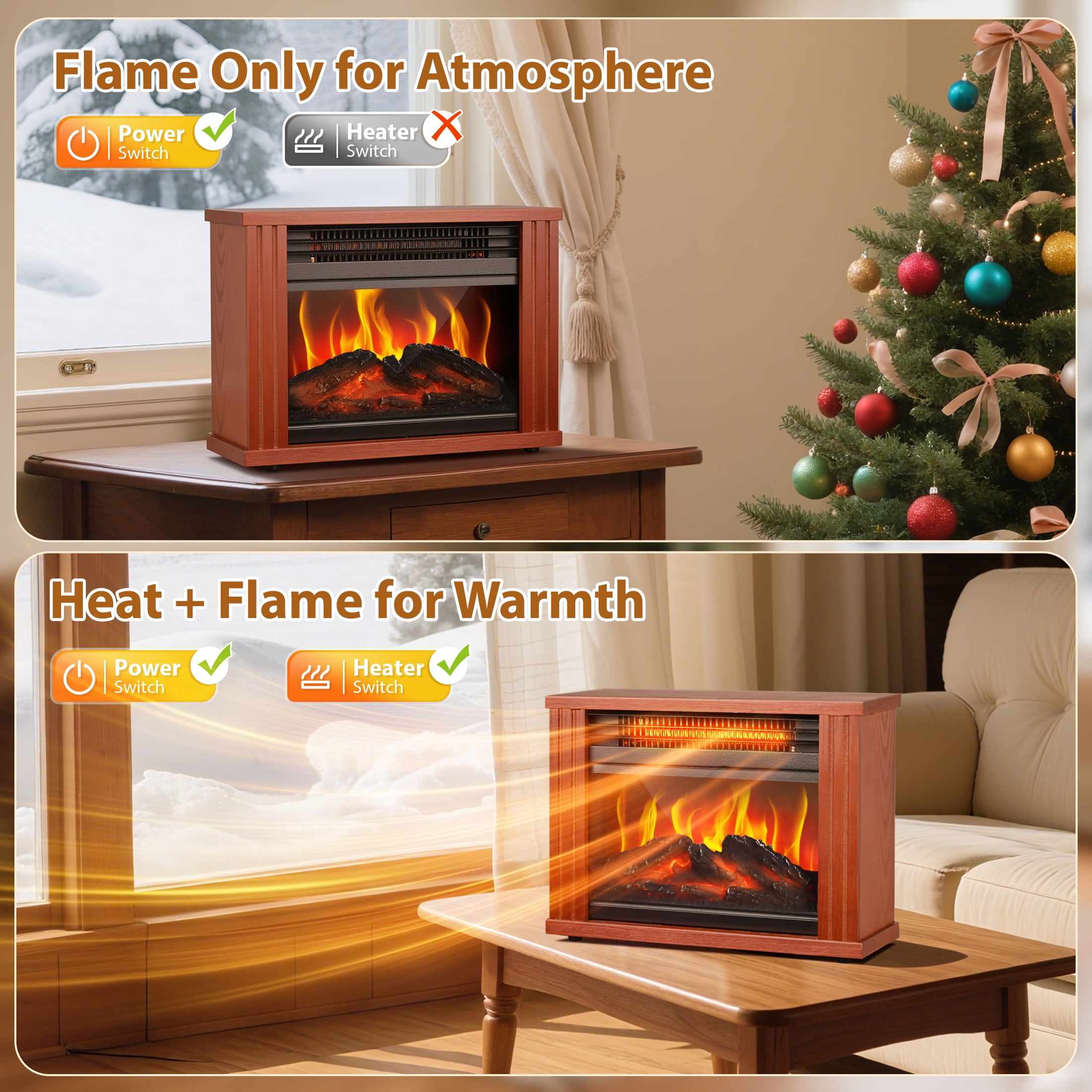 LifePlus Small Electric Fireplace Heater Tabletop 13.5" Energy Efficient Indoor Fireplace Space Heater Portable Wood Cabinet 3D Flame for Home Decor