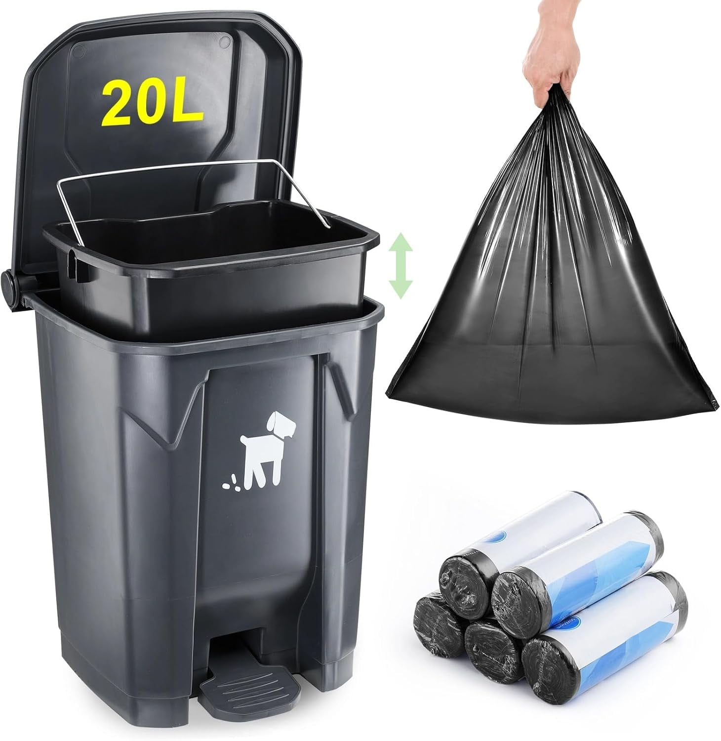 Dog Poop Trash Can Outside, 20L Pet Waste Container with Removable Inner Waste Bin, 150 Waste Bags, Outdoor Pet Poop Trash Bin for Small/Large Dog Families