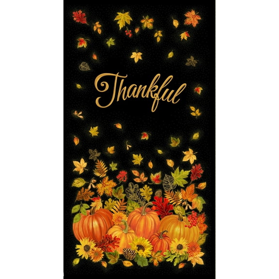 24" X 44" Panel Thankful Metallic Panel Pumpkins Cotton Fabric Panel D510.85