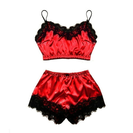 GENGING Hot Sale Cheap Lingerie Women Lace Satin Fall Savings Bra Camisole Sling Tops Shorts Pajamas Two Piece Set