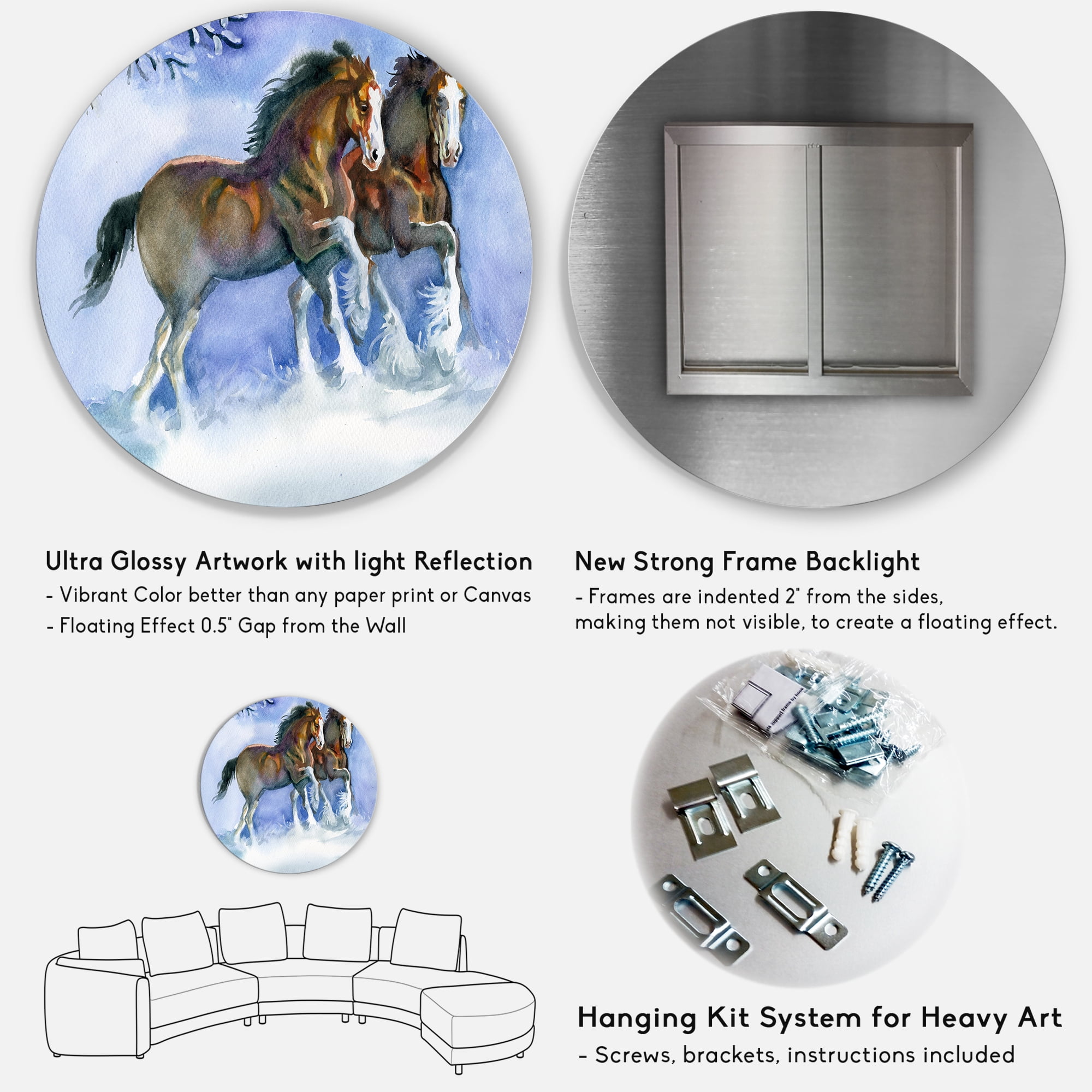 Designart 'Horses Running In Winter On Blue' Farmhouse Circle Metal Wall Art 36x36 - Disc of 36
