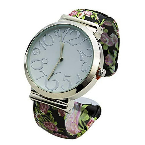Blekon Collections Analog Quartz Women's Casual 40mm Case Big Face Floral Design Cuff Bangle Watch