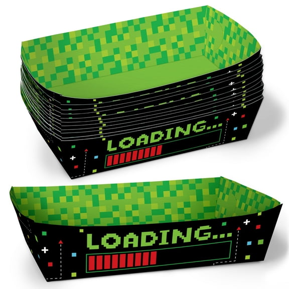 Big Dot of Happiness Pixel Video Game Party Paper Food Trays, Disposable Double-Sided Paper Food Holders for Nachos, Hot Dogs, French Fries - 12 Ct