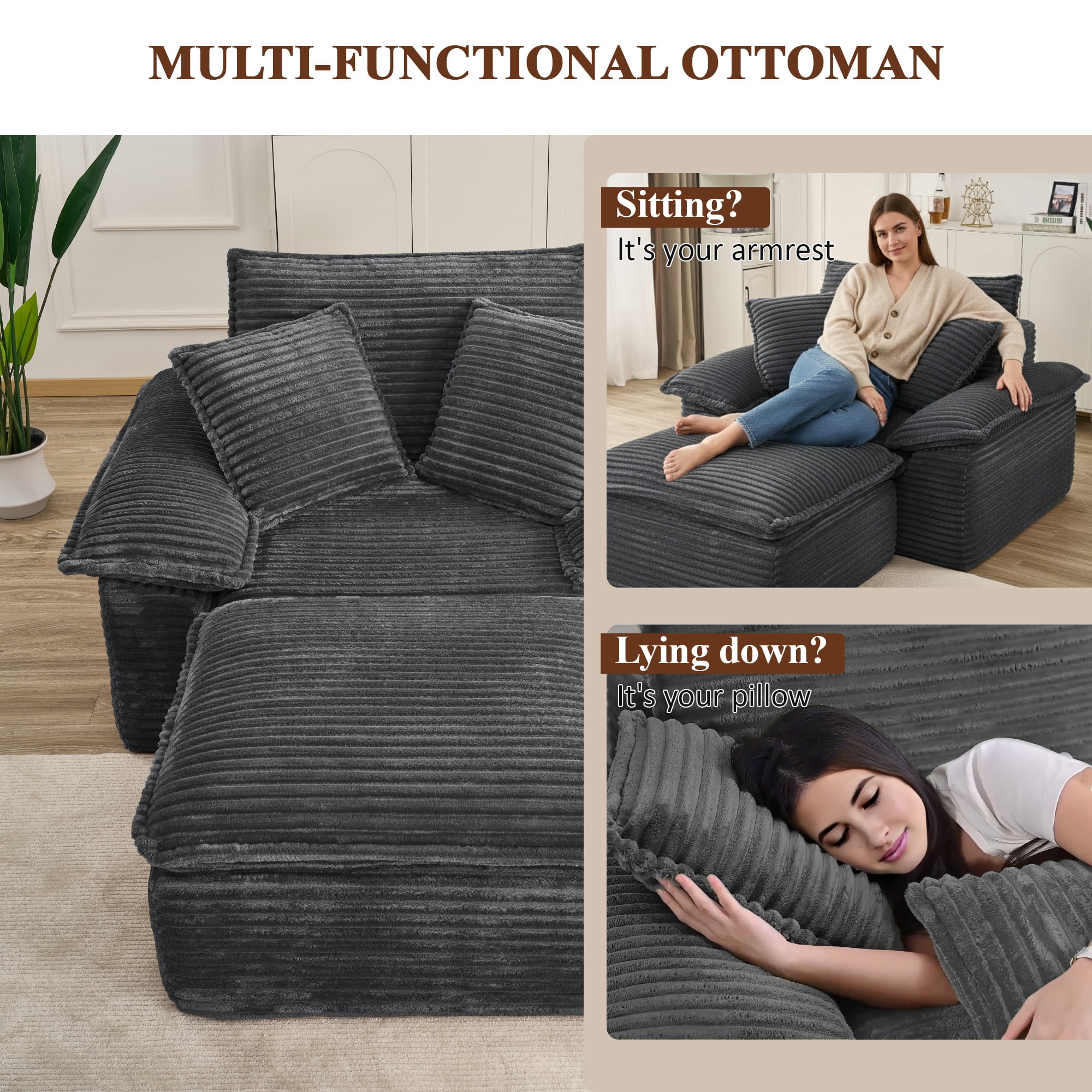 Aukfa 63.5" Oversized Chaise Lounge Sofa with Movable 2-Layer Ottoman, Deep Seat Boneless Couch, Corduroy Lounge Chair, Dark Gray