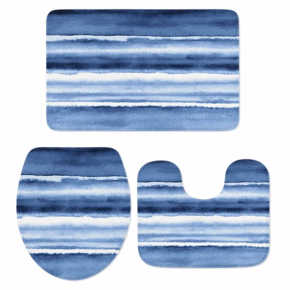 Blue Gradients Bathroom Rugs Set Abstract Wave Stripe White Watercolors Art Non Slip Absorbent Soft Bath Mats 3 Piece Set with Bathroom Rug, U-Shaped Floor Mat, Toilet Seat Cover Small Size