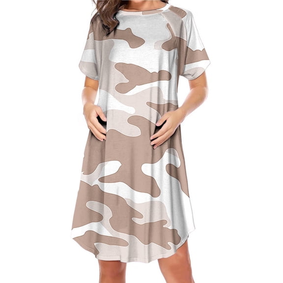 Women's Maternity Nursing Dress Short Sleeve Crewneck Nightgown Pregnancy Printed Casual Side Zipper Breastfeeding Mini Dresses Khaki XL
