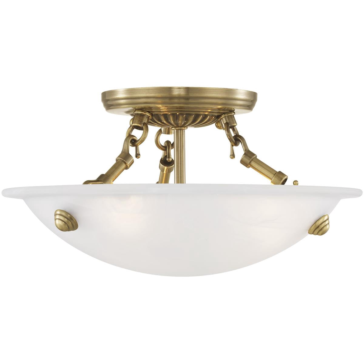 3 Light Antique Brass Ceiling Light fixture with White Alabaster Glass Shade