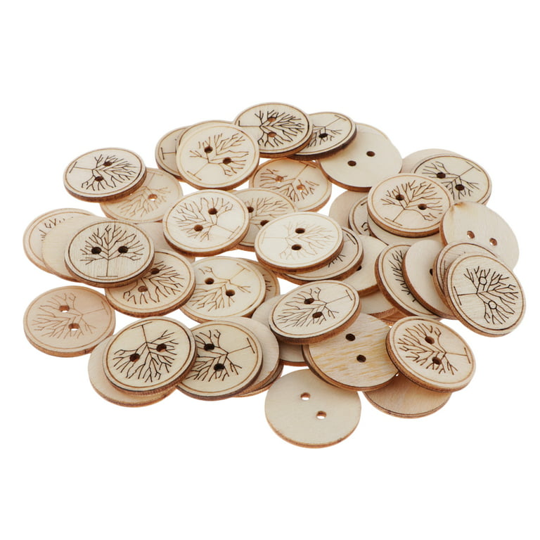 50pcs Assorted Design Wooden Buttons for Crafts Scrapbooking or Sewing - Engraved Tree Pattern, Size: 25 mm, Brown