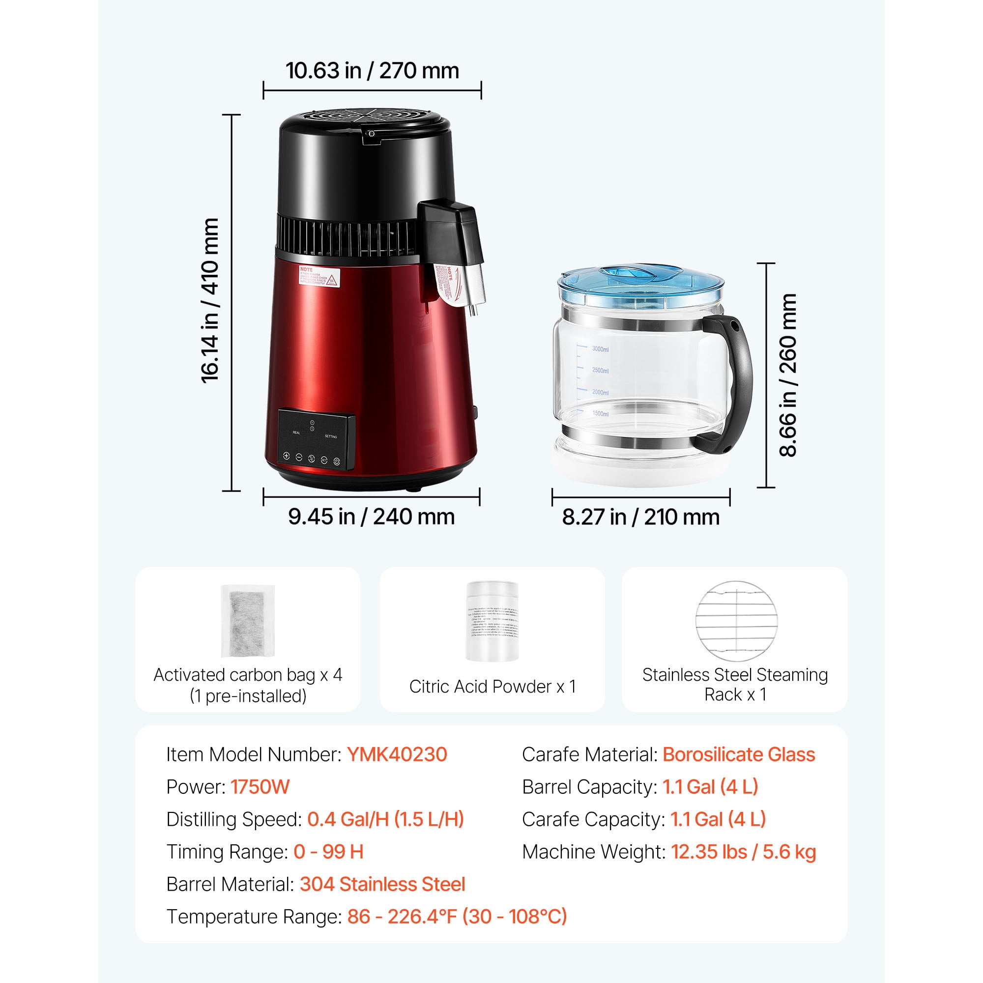 KFFKFF 4L 1.1 Gallon Water Distiller for Home Use, 1750W Countertop Purifier with Glass Container, Stainless Steel Interior for Producing Clean Drinking Water, Red