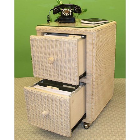 Wicker File Cabinet 2 Drawers with Glass Top, White Wash
