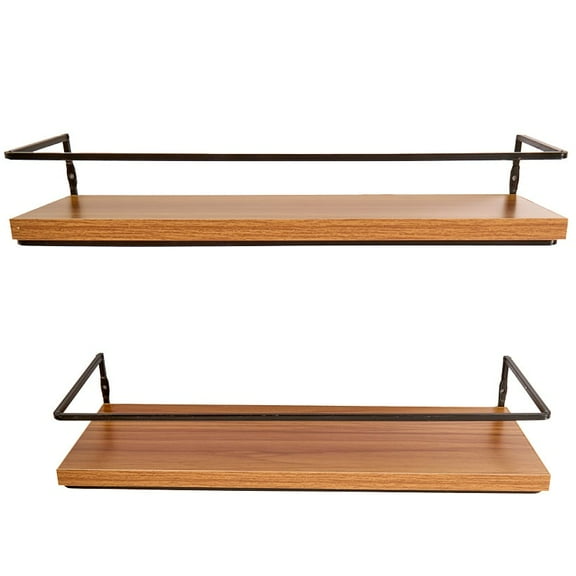 Floating Wall Mounted Wood Shelves with Metal Bar - Set of 2