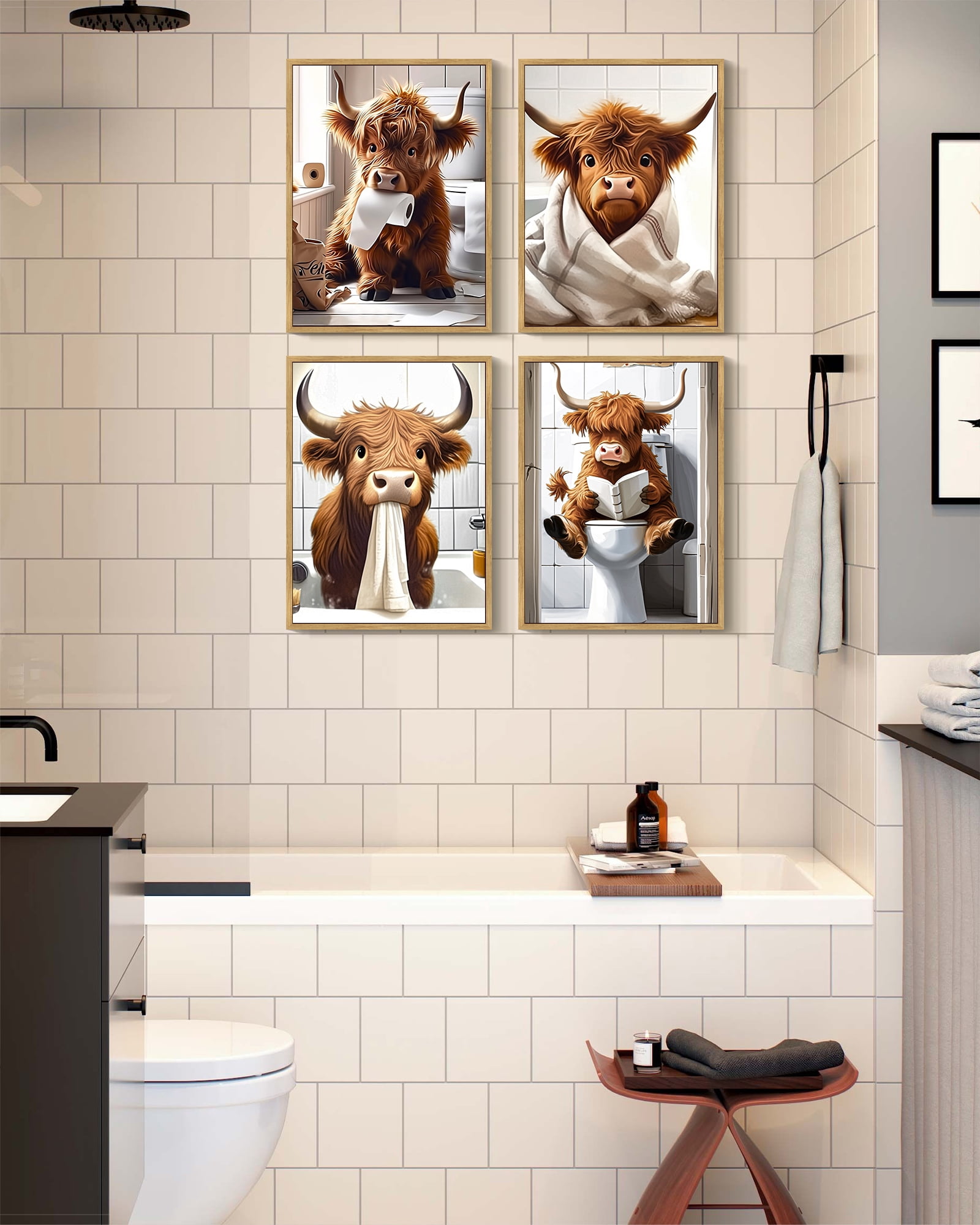Drsoum Funny Highland Cow Bathroom Wall Art Rustic Cute Bathroom Canvas Prints for Bathroom Restroom Decor 11x14in4pcs Natural Framed