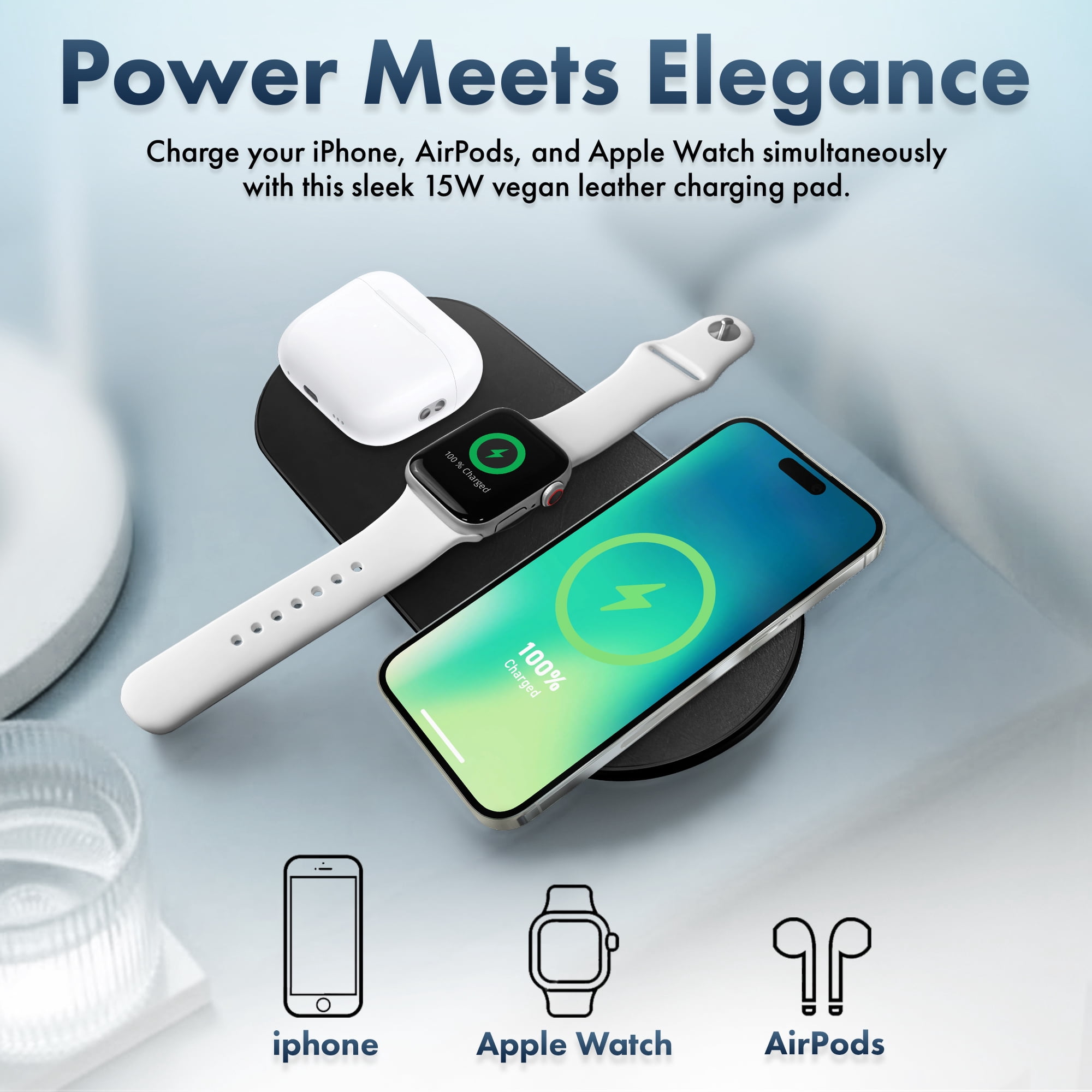 MVMT 15W Wireless Charging Pad Premium Vegan Leather 3-in-1 Fast Charger for Phone, AirPods & Apple Watch