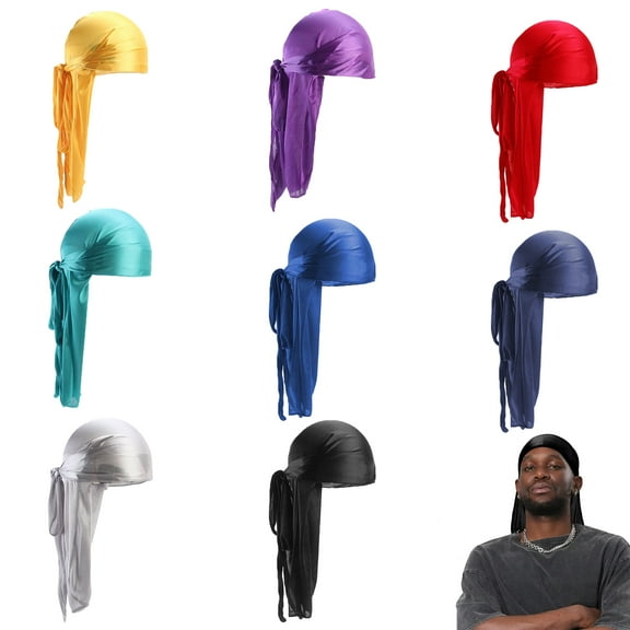 VEGCOO 8 Pieces Silky Satin Durags – Extra Long Tails for Secure Fit, Unisex Design for Men & Women (Ideal for 360 Waves)