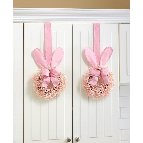 JEWLALO 9" Pink Easter Bunny Wreath with Burlap Ribbon, Set of 2, Spring Floral Easter Wreaths for Kitchen Cabinets, Windows, and Walls, Spring Easter Decors
