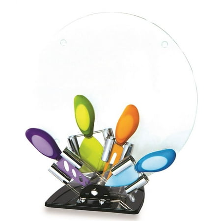 Picnic Plus Paris 5 Piece Glass Cheeseboard W/Contemporary Cheese Knives and Acrylic Holder