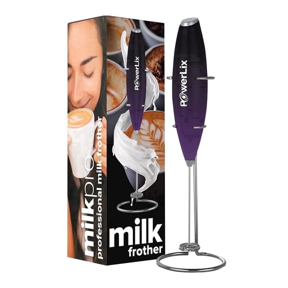Powerlix Electric Handheld Milk Frother with Stainless Steel Stand, Battery Operated, Black