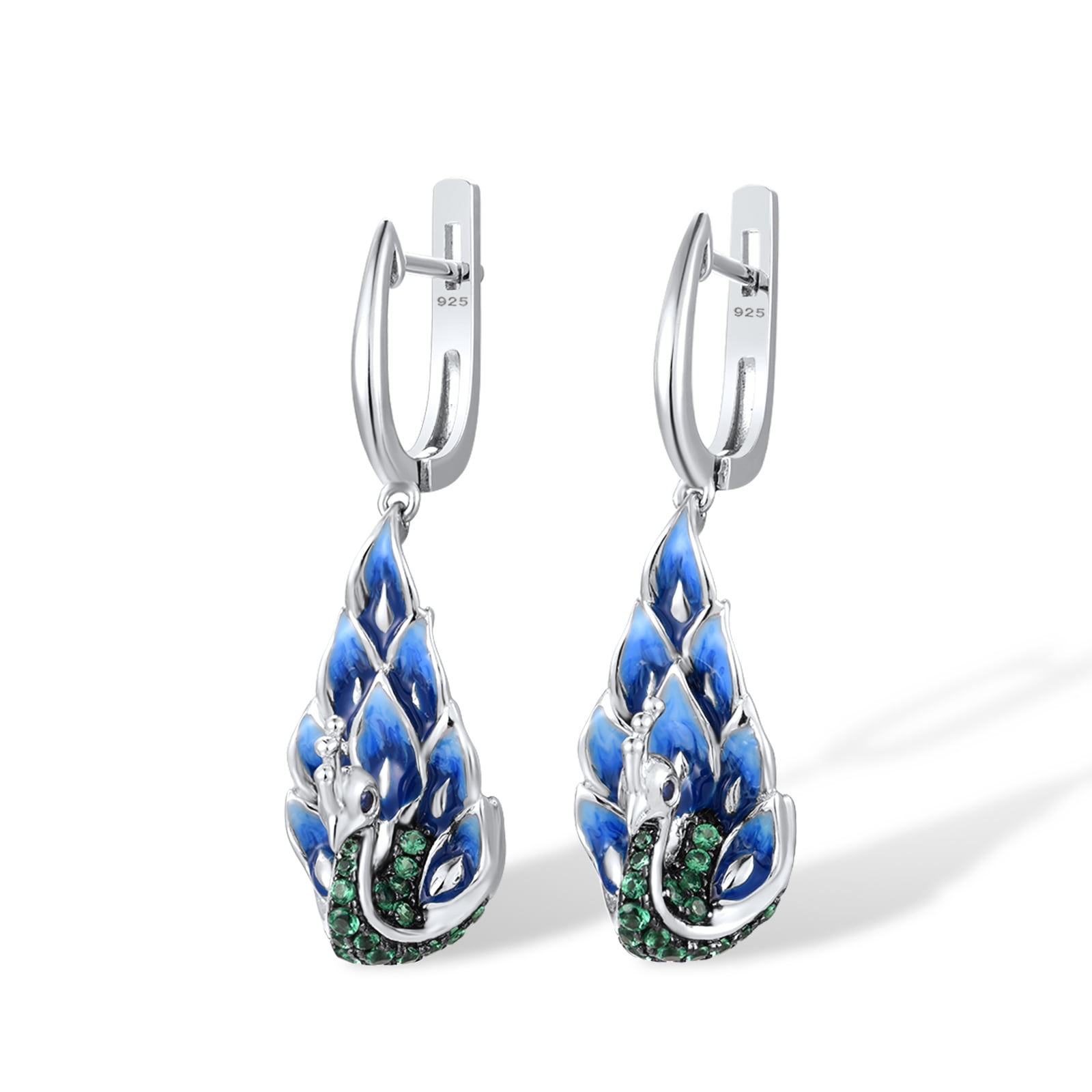 Santuzza 925 Sterling Silver Gemstone Peacock Dangle Earrings Blue Nano Cubic Zirconia Enamel Peahen Drop Earrings for Women