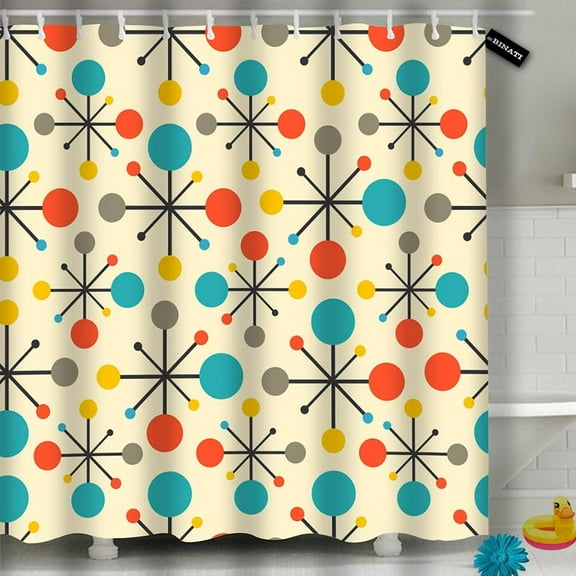 Shower Curtain Mid Century Fifties Modern Atomic Retro Colors Luxurious Graphic Print Polyester Fabric Bathroom Decor Sets with Hooks 72 X 72 Inches