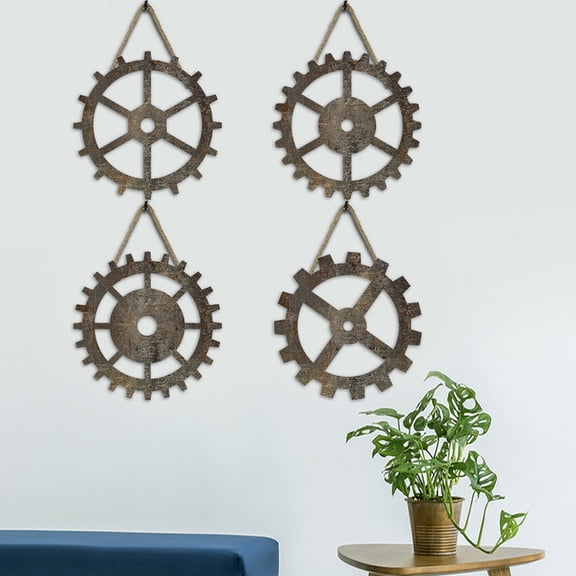WORGEOUS 4Pcs Farmhouse Industrial Gear Wall Decor Brown Poplar Wood 11.4X11.4X0.2In for Living Room