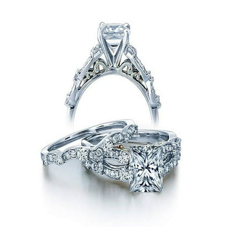 JeenJewels Vintage Princess Moissanite Diamond Wedding Ring Set 1 ct t.w, 10K White Gold