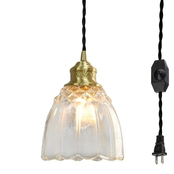 Kiven Plug-in Pendant Light Dimmable Lighting Retro Pendant Light with Glass Shade Hanging Living Room,Dinner Room Pendant Light Cord Color Can Be Customized Bulb Not Included