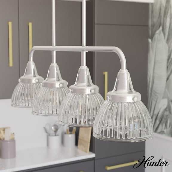 Hunter - Cypress Grove 4-light Brushed Nickel, Large Chandelier, Dimmable, Transitional Style, Linear Shaped, for Bedrooms, Dining, Living Rooms - 19326