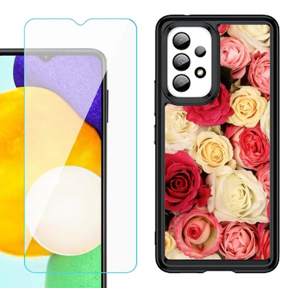 Shockproof Bumper (Black Frame) phone Case for Samsung Galaxy A23 5G, with Tempered Glass Screen Protector, by OneToughShield ® - Rose Bouquet