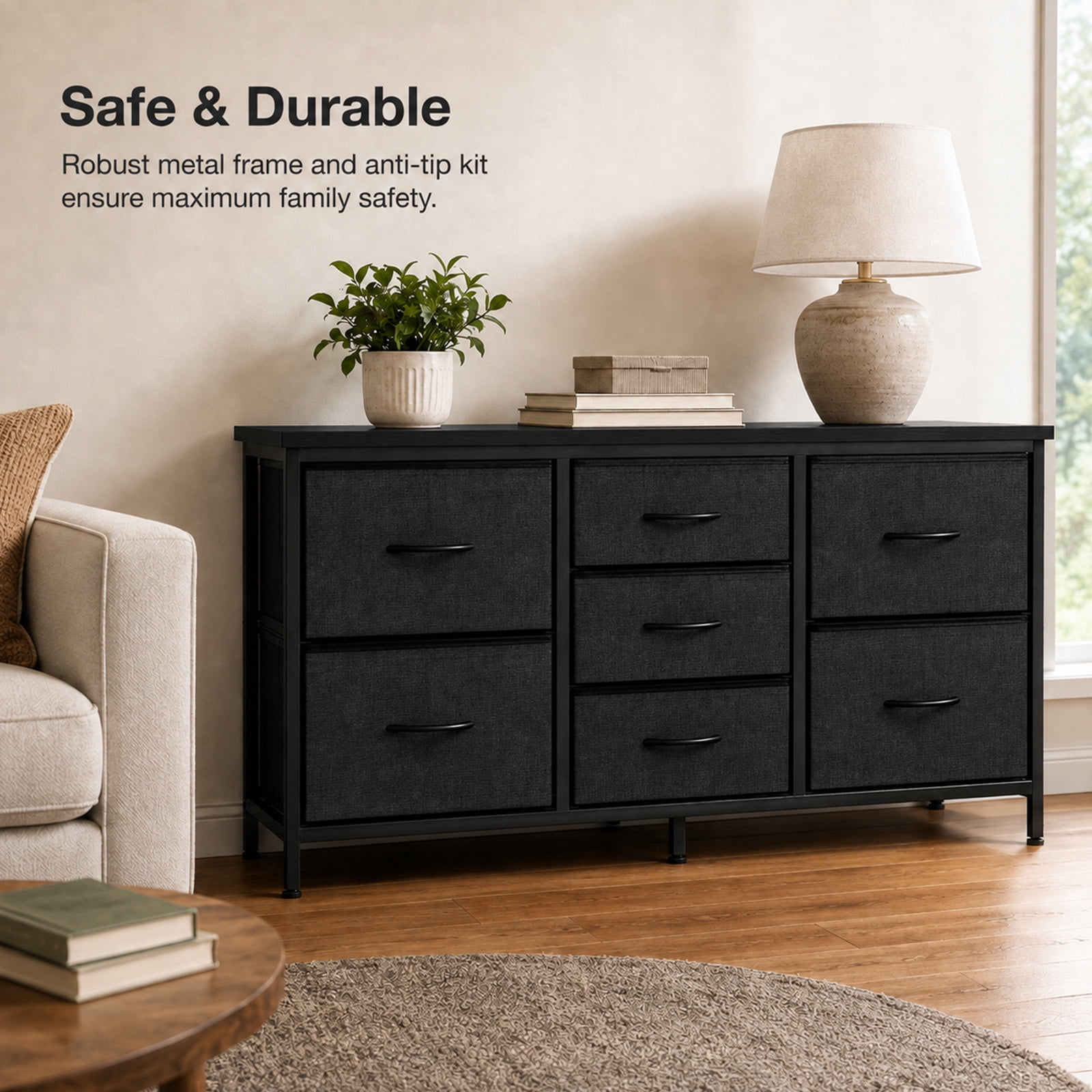 Alvantor 7 Drawer Fabric Dresser, Clothes Organizer Storage Tower for Bedroom, Chest of Drawers with Wooden Top, Metal Frame for Bedroom TV Stand