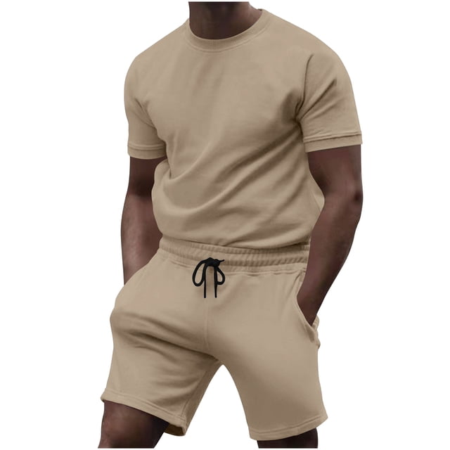 Conjunto de Pantalones de Dos Piezas de Color Sólido Casual de Manga Corta de los Hombres Camiseta Y Pantalones de Playa con Bolsillos Verano