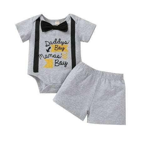 

2Pcs Toddler Baby Boys Cotton Outfits Casual Letters Printed Pattern Romper and Solid Color Shorts