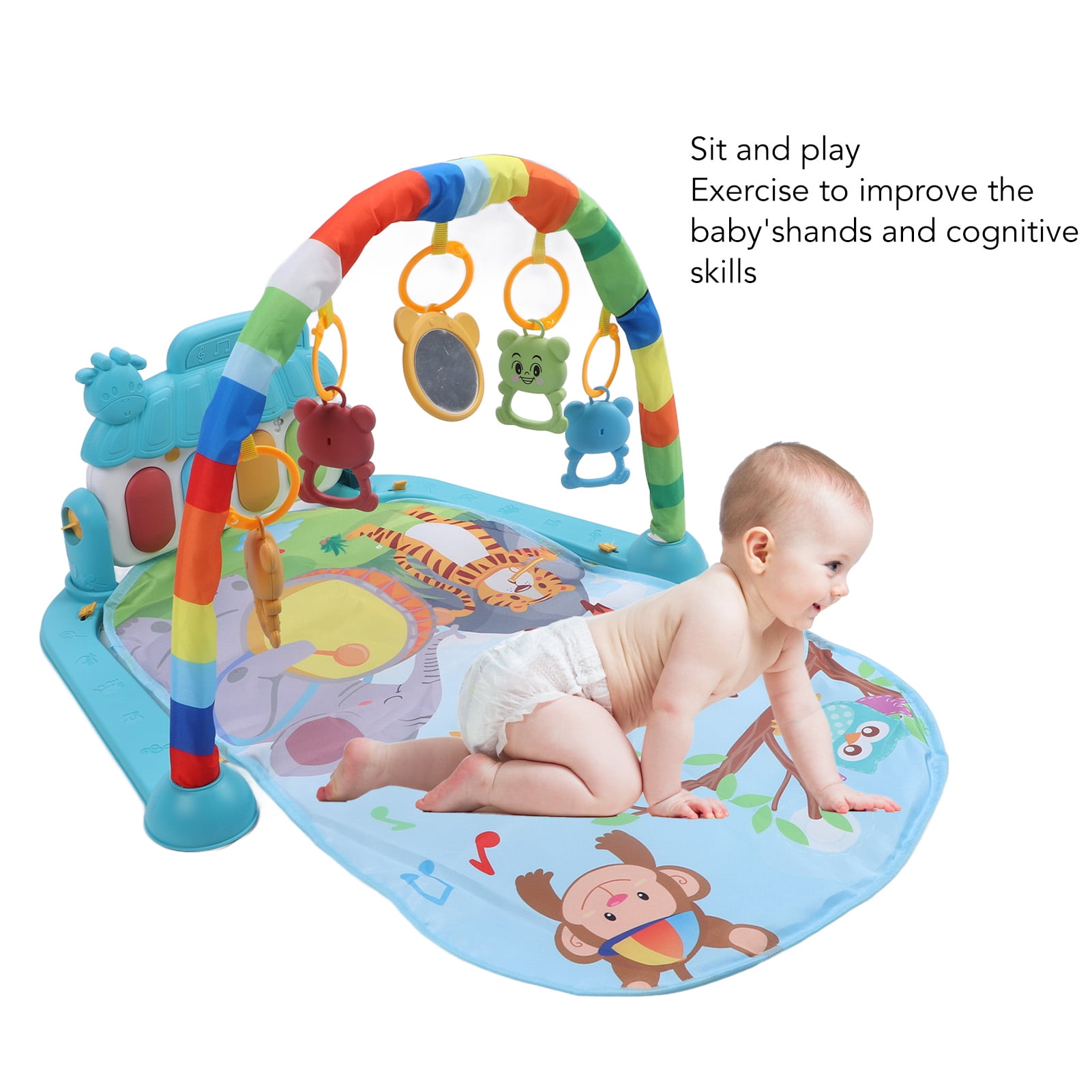 BIMZUC Baby Gyms Play Mat Infant Activity Play Piano Tummy Time Mat with Hanging Rattles Monkey and Owl Pattern, Multicolor