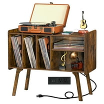 Vinyl Player Stand with Charging Station, Accommodates 220 LPs, Retro Record Storage Unit with Detachable Racks, Adjustable Height LP Player Desk for Lounge, Sleeping Quarters, Brown
