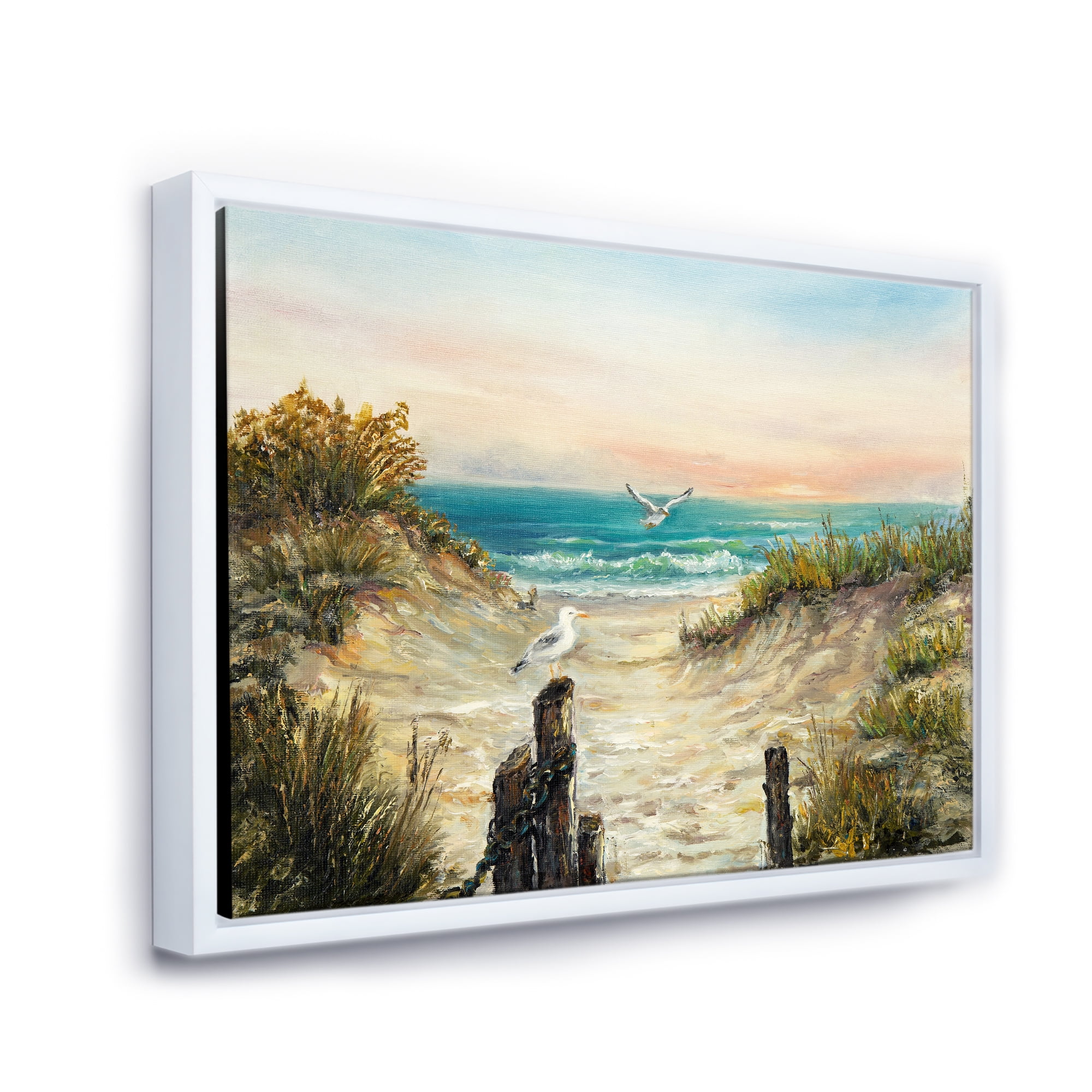 Ocean Dunes During Pink Sinset on Beach 40 in x 30 in Framed Painting Canvas Art Print, by Designart