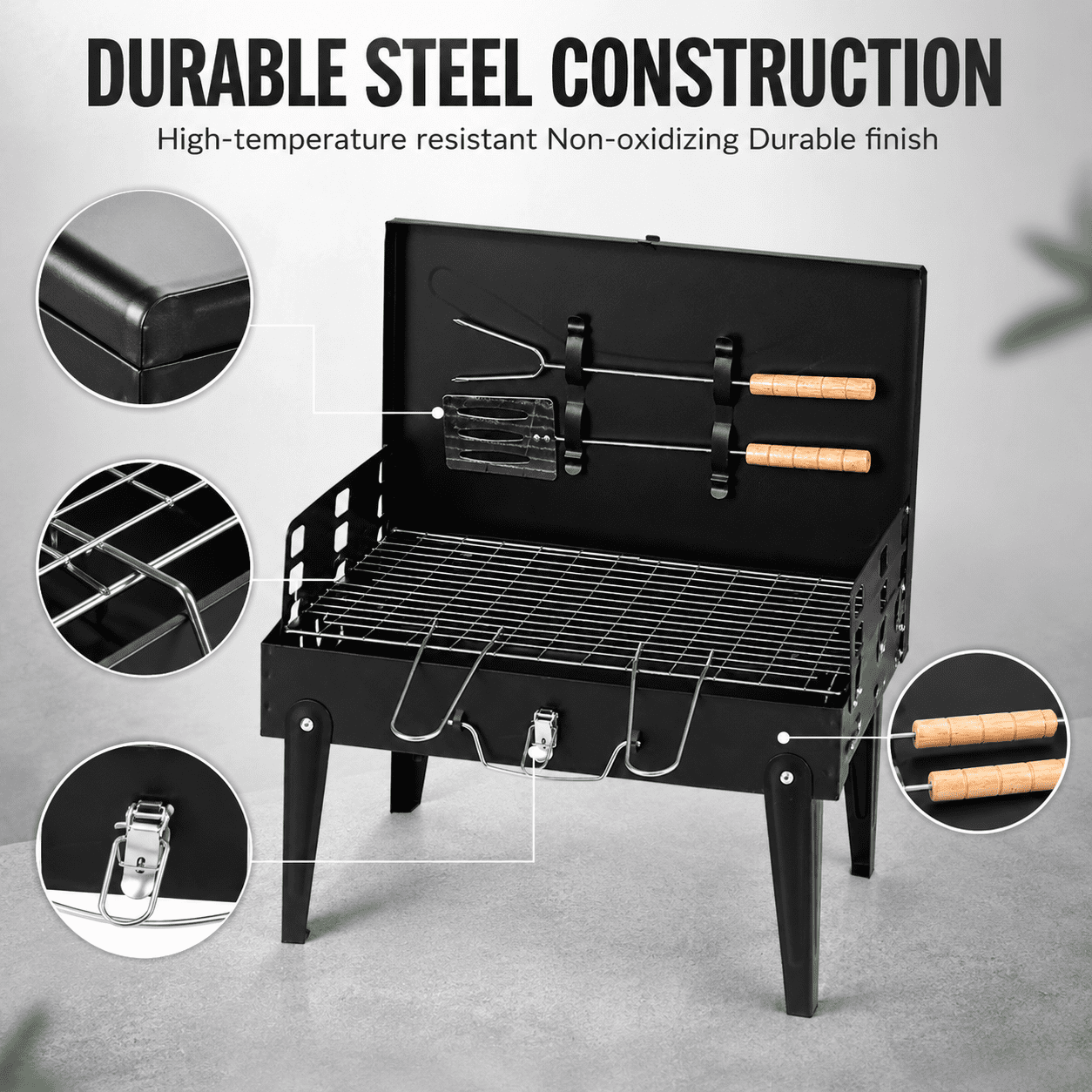 Alvantor Portable Square Charcoal Grill with Lid and Foldable Legs Black 17.3 x 10.6 in