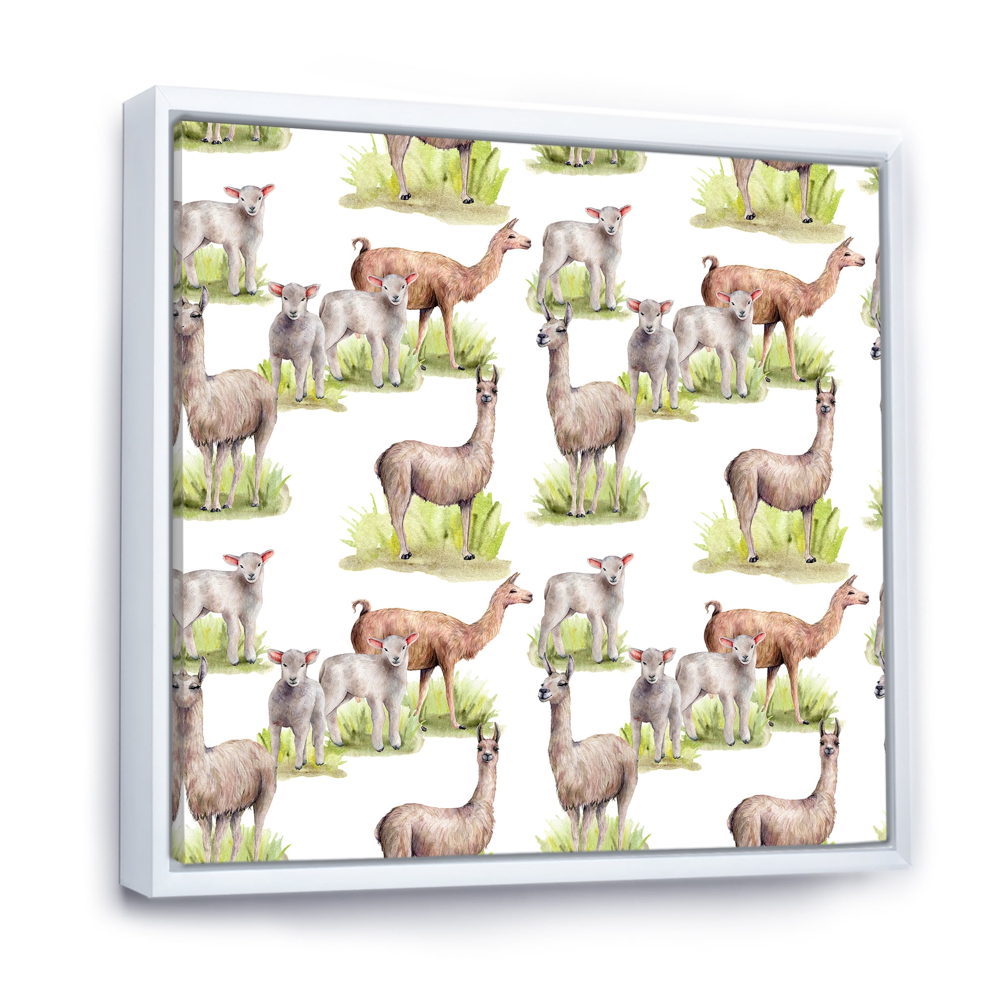 Designart 'Lambs and Lamas On A Green Meadow' Farmhouse Framed Canvas Wall Art Print