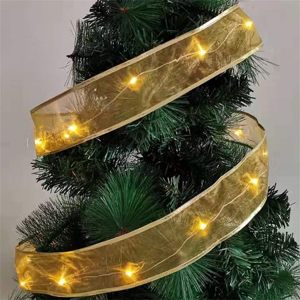 Xihbxyly Luces Led Navideñas de Cinta, Diseño de Lazo Decorativo, Encaje Dorado Luminoso, Decoración Navideña para Interiores y Exteriores, Regalo para Árbol de Navidad de Boda, 200 Cm de Largo
