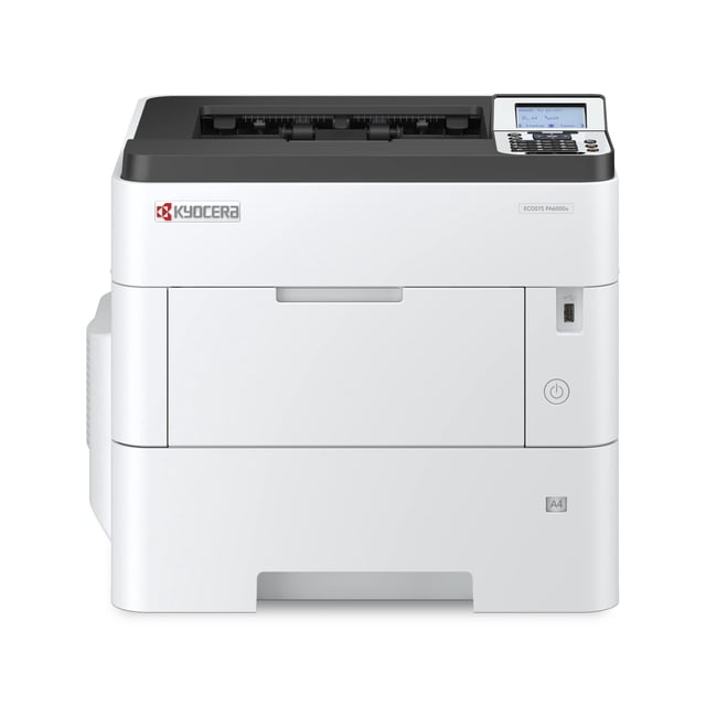 kyocera ecosys pa6000x impresora láser monocromática, vista frontal centrada de la impresora blanca con bandeja de 600 hojas y mpt de 100 hojas en la parte superior; panel superior negro con pantalla LCD de 5 líneas y teclas, botón de encendido frontal, puerto USB lateral y logotipo Kyocera en la esquina superior izquierda; impresión dúplex y gigabit ethernet; suele usarse para altos volúmenes de impresión en oficina.